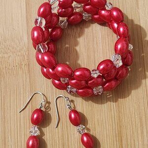Hand Crafted Pearl Wrap Bracelet Earrings Set Red Faux Pearls Clear Crystals